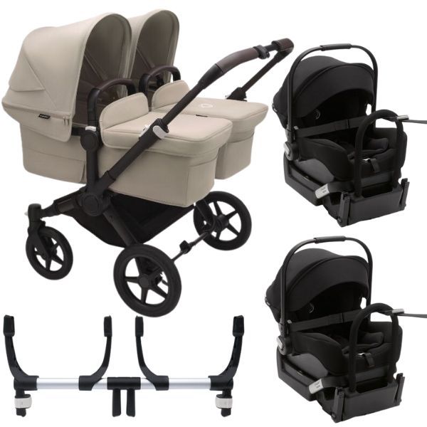 Bugaboo Donkey 5 Twin Stroller Black/Desert Taupe-Desert Taupe TRAVEL SYSTEM (includes 2 Bugaboo Turtle car seats with base & adaptors)