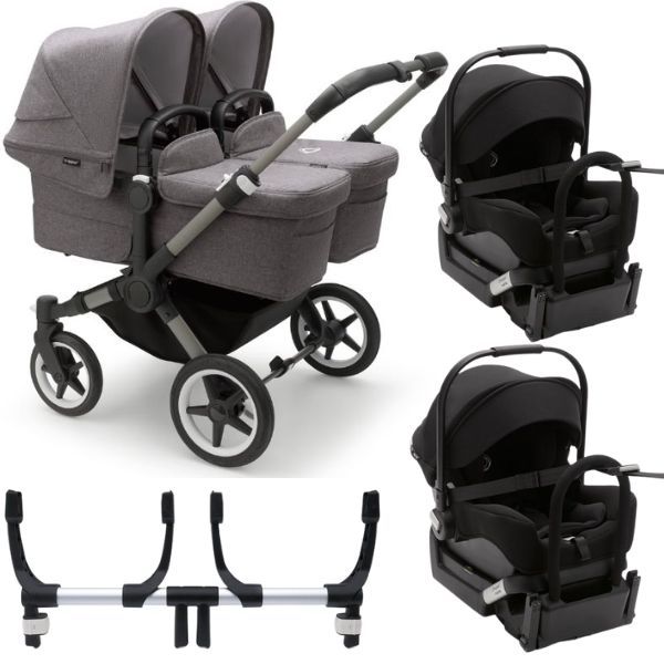 Bugaboo Donkey 5 Twin Stroller Grey Melange TRAVEL SYSTEM (includes 2 Bugaboo Turtle car seats with base & adaptors)