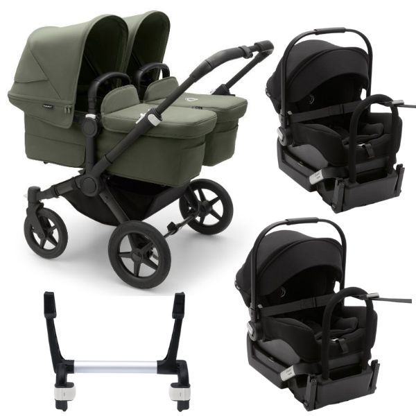 Bugaboo Donkey 5 Twin Stroller Black/Forest Green-Forest Green TRAVEL SYSTEM (includes 2 Bugaboo Turtle car seats with base & adaptors)
