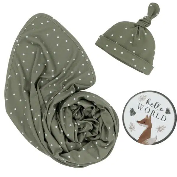 Living Textiles Hello World Newborn Gift Set Olive Spots